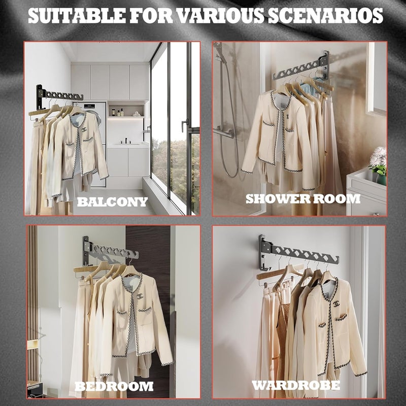 Dr.DJ Wall Mount Coat Hanger Holder Black Clothes Drying Organizer Rack Garment Hooks Aluminium Retractable Folding Indoor Wall Mounted Hanger Space Saver for Laundry Room Bedroom Black 2 Pack with 8 Hooks - Image 3